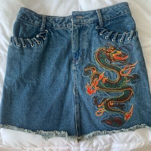 Honey punch denim skirt with dragon stitched detail